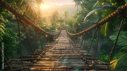 Enchanting sunrise over a serene jungle suspension bridge invites adventure and exploration photo