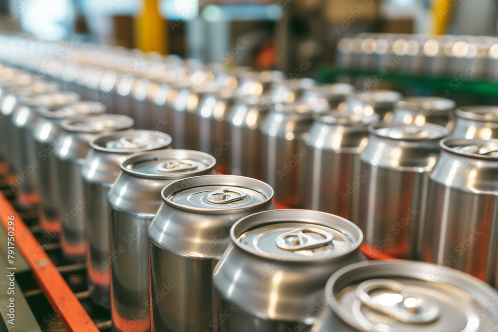 A conveyor belt with soda cans moves along the street. Canned beverage production process A conveyor belt with soda cans moves along the street. Canned beverage production process