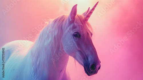 Epic close-up photoshoot of a mystical unicorn character looking directly at the camera against a magical pastel rainbow background.