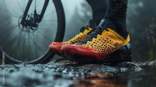 Craft a visually striking portrayal of cycling shoes from a birds eye perspective Emphasize the intricate details of clipless and flat pedal styles Incorporate a mix of textures to convey the balance photo