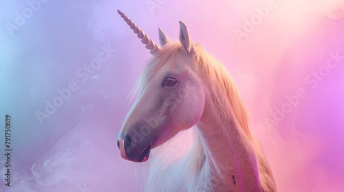 Epic close-up photoshoot of a mystical unicorn character looking directly at the camera against a magical pastel rainbow background.    © Zape