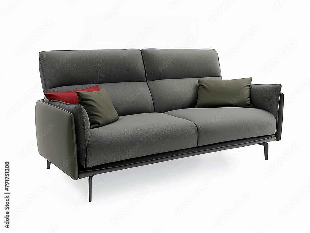 A modern grey and red sofa with two pillows. A modern grey and red sofa with two pillows.