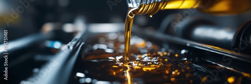 High-resolution image capturing the moment engine oil is being poured into a car's motor, highlighting the golden liquid's texture