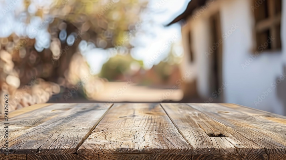 Old rustic wooden table top with a beautifully blurred countryside landscape in the background, inviting and serene. Old rustic wooden table top with a beautifully blurred countryside landscape in the background, inviting and serene.