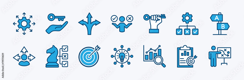 Set of business opportunity icon. Containing choice, arrow, decision, option, target, strategy, guidance, direction, plan, alternative, choose, crossroad, solution, career, success vector illustration Set of business opportunity icon. Containing choice, arrow, decision, option, target, strategy, guidance, direction, plan, alternative, choose, crossroad, solution, career, success vector illustration