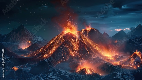 Night landscape with volcano and burning lava. Volcano eruption, fantasy landscape. 3D illustration photo