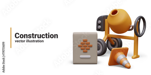 Construction concept. Vector 3D scene from site. Concrete mixer, bag with cement