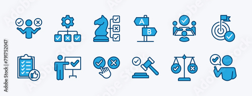 Set of business decision icon. Containing choice, arrow, meeting, option, advice, strategy, opportunity, direction, plan, checklist, choose, goal, solution, career, success, legal hammer, law vector