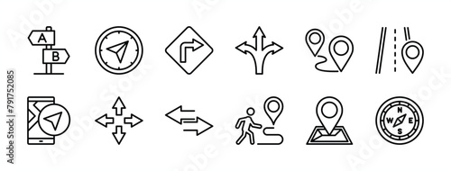 Arrow direction thin line icon set. Containing three way, traffic board, navigation, compass, GPS, signpost, road, map pin, guide, crossroad, pointer, intersection, tracking, journey, junction vector photo