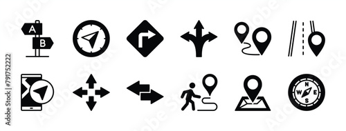 Arrow direction icon set. Containing three way, traffic board, navigation, compass, GPS, signpost, road, map pin, guide, crossroad, pointer, intersection, tracking, journey, junction vector