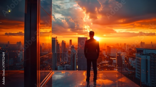 Silhouette of a contemplative businessman gazing at a vibrant sunset over the city skyline