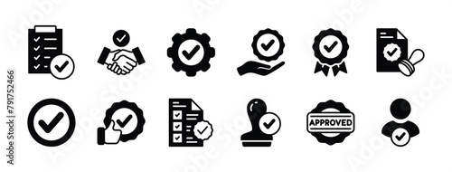 Approved and certified icon set. Containing validation, quality, agreement, badge medal, licence, checkmark, selection, accept, stamp, thumbs up, decision, document, service, permission vector photo