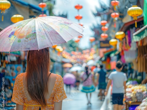 A woman wearing a yellow dress is walking down a street with many people and umbrellas. The street is decorated with many colorful lights and lanterns. Scene is lively and festive