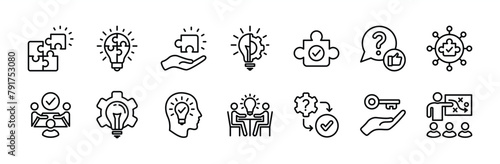 Business solutions thin line icon set. Containing problem-solving, innovation, creativity, thinking, discussion, teamwork, strategy, idea, lightbulb, puzzle, process, answer, option vector