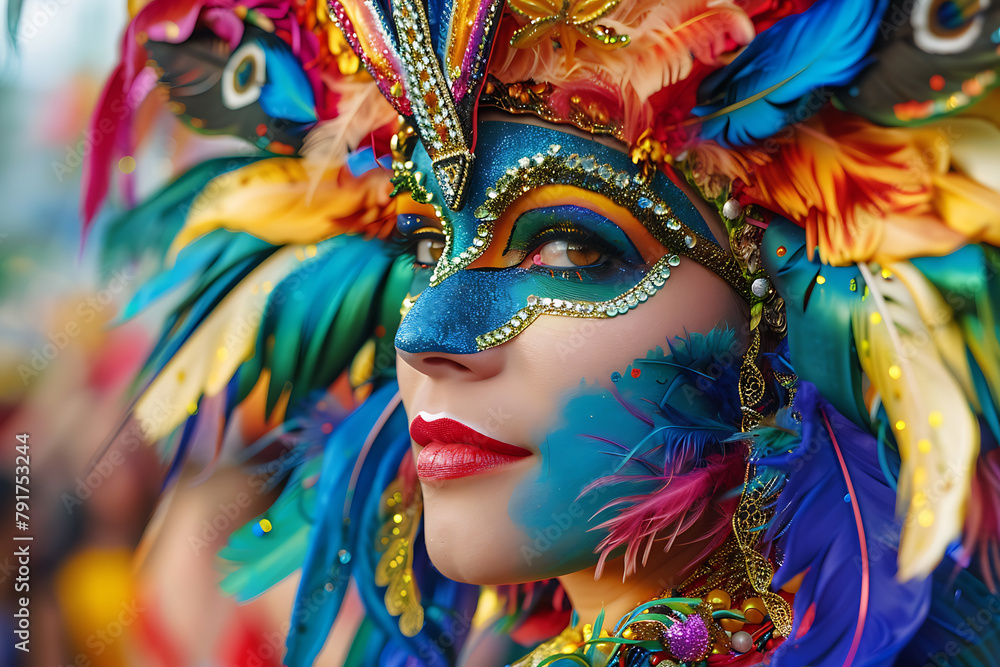 A woman in an ornate Venetian masquerade mask attends a carnival celebration in Italy