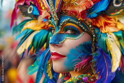 A woman in an ornate Venetian masquerade mask attends a carnival celebration in Italy © Jameswa