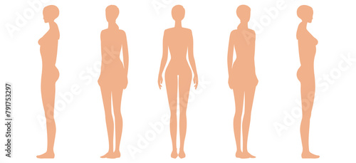 Woman body. Full-length standing portrait. Set of body-positive female. Five angles figure front, 3 of 4, side views shape. Vector fashion silhouette outline line illustration photo