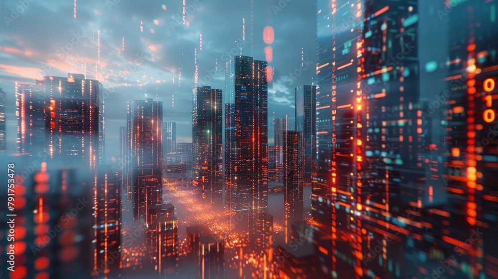 3D neon glowing cityscape. Intelligent building automation night futuristic business concept. Web online vivid color cyberpunk retrowave AI generated