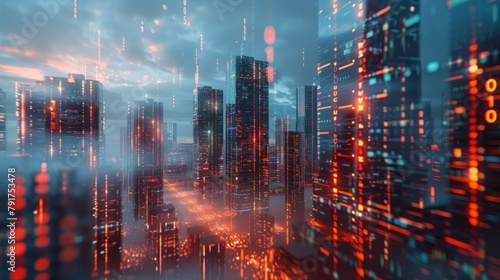 3D neon glowing cityscape. Intelligent building automation night futuristic business concept. Web online vivid color cyberpunk retrowave AI generated