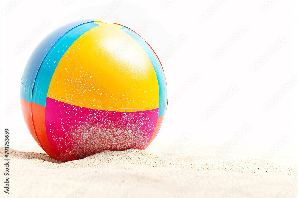 A vibrant beach ball resting on the soft sand, ready for a game of fun and laughter under the summer sun isolated on solid white background.