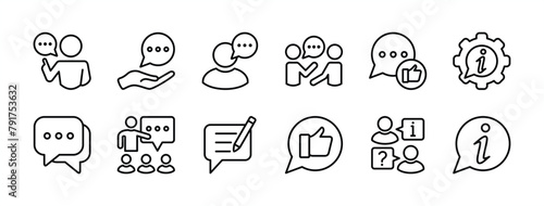 Speaking and communication thin line icon set. Containing advice, discussion, speech bubble, conversation, talking, question and answer, opinion, message, feedback, information. Vector illustration