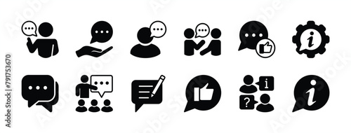 Speaking and communication icon set. Containing advice, discussion, speech bubble, conversation, talking, question and answer, opinion, message, feedback, information. Vector illustration