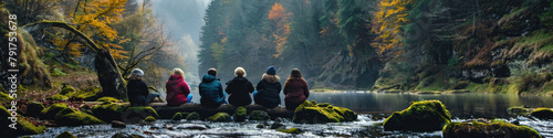 A diverse group of individuals standing together on the edge of a river, overlooking the water below photo