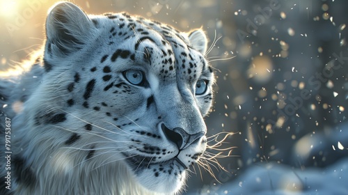 Majestic snow leopard in a winter wonderland, a portrait of wildlife beauty and grace under snowfall © lemoncraft