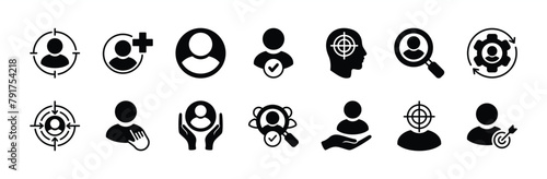 Employee recruitment icon set. Hiring people. Containing headhunting, selected, pointing, choice, manage, search, add, target, job, candidate, human resource, partnership. Vector illustration photo