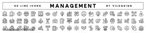 Business and management thin line icon set. Containing teamwork, statistics data, strategy, development, project, manage, plan, schedule, time, partnership, manager, workflow, decision vector