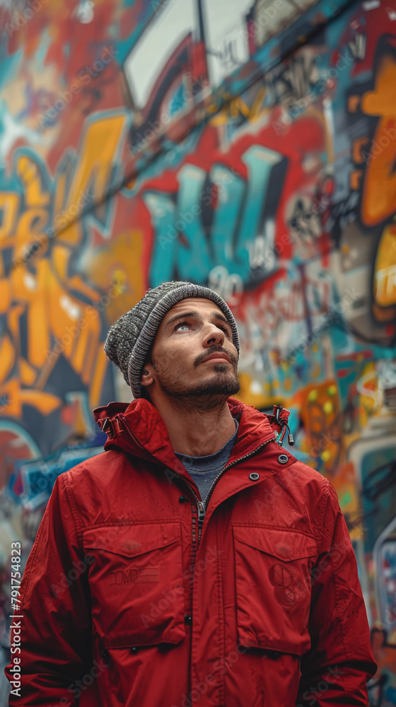 Portrait of a man against a blurred background of graffiti on the wall. Portrait of a man against a blurred background of graffiti on the wall.
