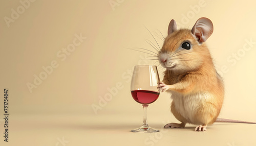 3D gerbil looking at a glass of wine