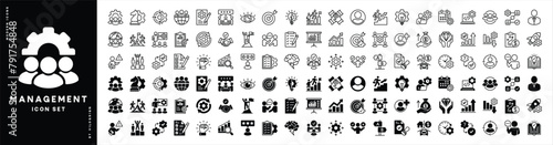 Business and management icon set. Containing teamwork, statistics data, strategy, development, project, manage, plan, schedule, time, partnership, manager, workflow, decision, success and other