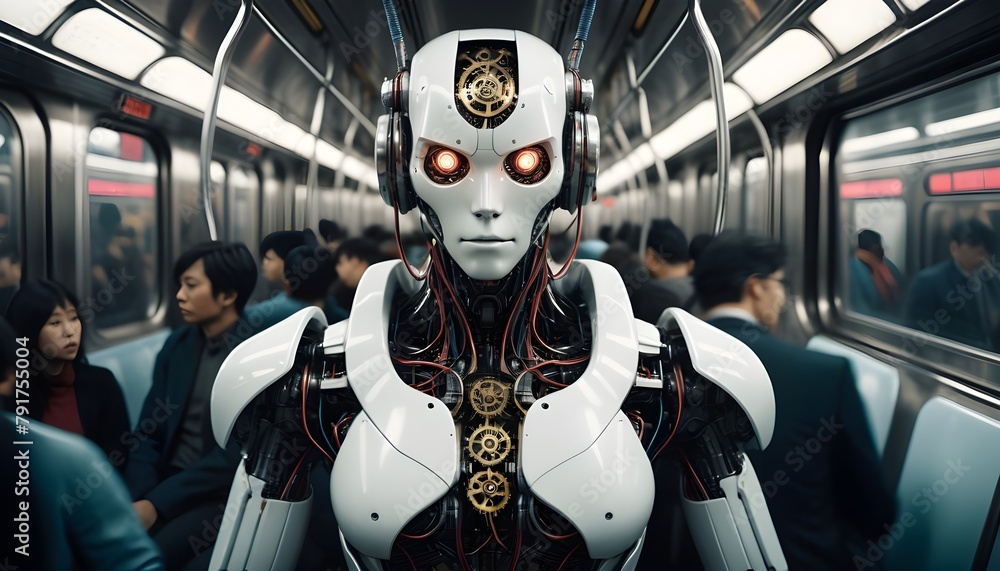 Gloomy aesthetic, futuristic mechanical robot with gears and wires riding in a very crowded subway train during rush hour Gloomy aesthetic, futuristic mechanical robot with gears and wires riding in a very crowded subway train during rush hour