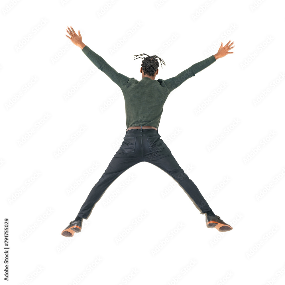 Obraz premium ジャンプする黒人男性の後ろ姿 手作業で精密に切り抜いた背景透過全身写真PNG