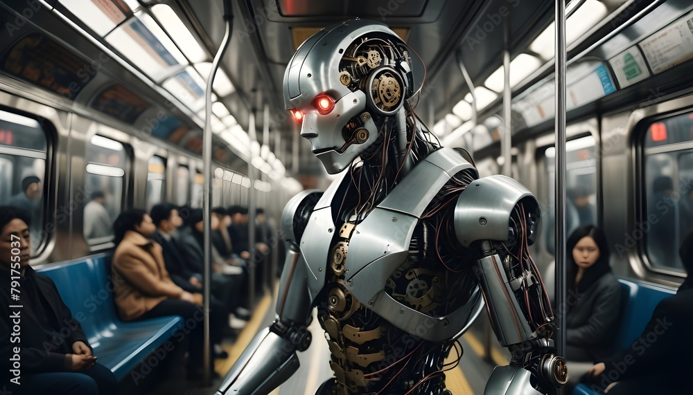 Gloomy aesthetic, futuristic mechanical robot with gears and wires riding in a very crowded subway train during rush hour