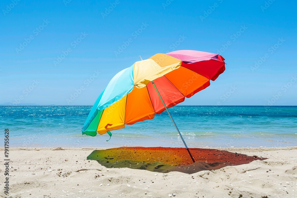 A vibrant umbrella casting a cool shade on a sunny beach, providing respite from the summer heat isolated on solid white background.