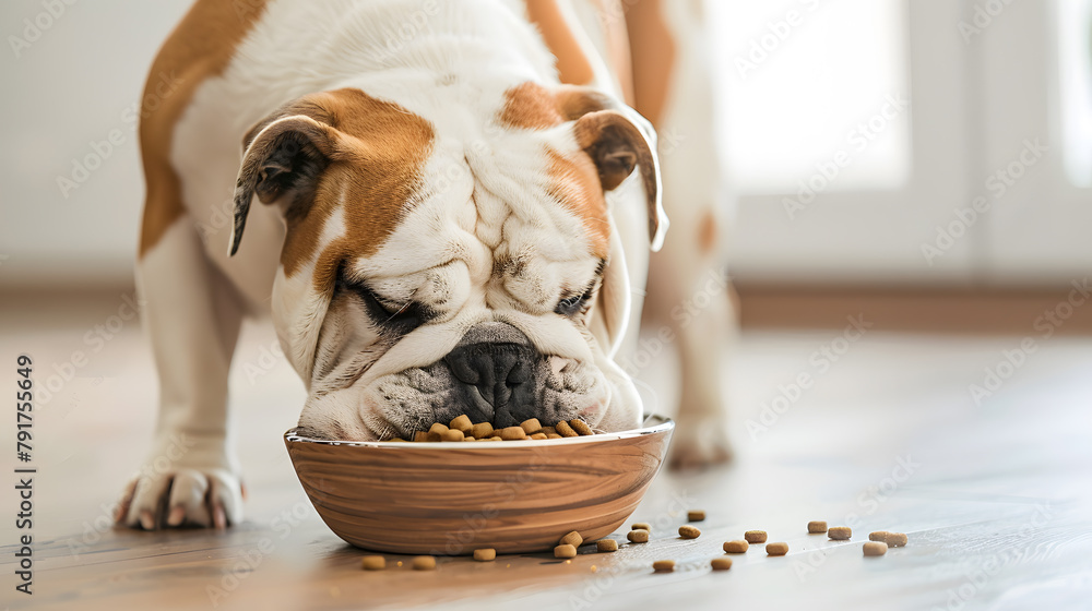 Obraz premium A french bulldog eating Pellet food from bowl
