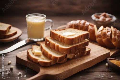 'artisan sliced toast bread butter sugar wooden cutting board craft slice simple breakfast grey concrete background milk dairy knife brown cane bake gold homemade loaf bun food bakery rye wheat whole'