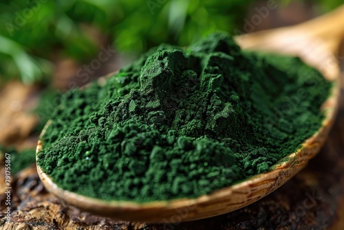 A wooden spoon holds a pile of green powder