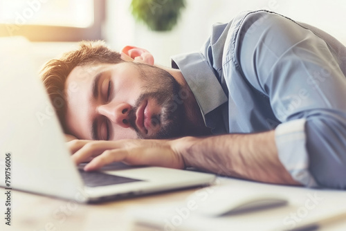 Office burnout: tired man dozes off with computer photo