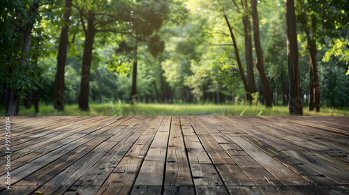 An empty wooden floor on jungle forest background, empty space or copyspace editable