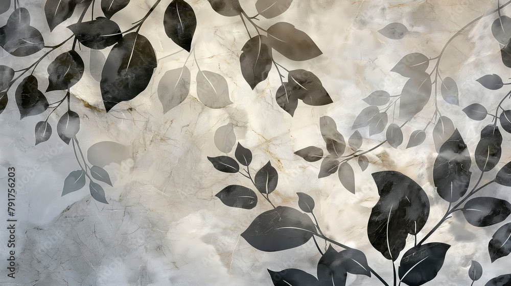 Watercolour hand-painted background. Black leaves on white marble texture. Watercolour hand-painted background. Black leaves on white marble texture.