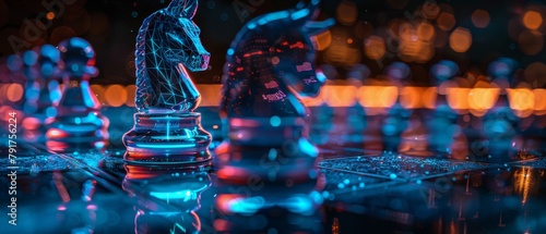 Neon-lit chess pieces on a board with financial data projections, symbolizing strategic decision-making in investments and market analysis.