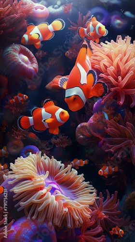 A school of bright orange clownfish with distinctive white stripes swimming in a thriving coral underwater scene