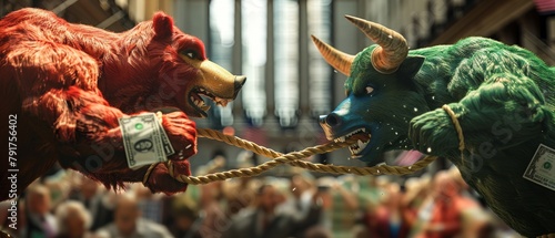 Intense representation of market volatility with a bull and bear in tug of war over money. photo