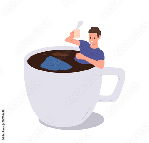 Young happy man isolated cartoon character floating in big cup drinking freshly brewed coffee