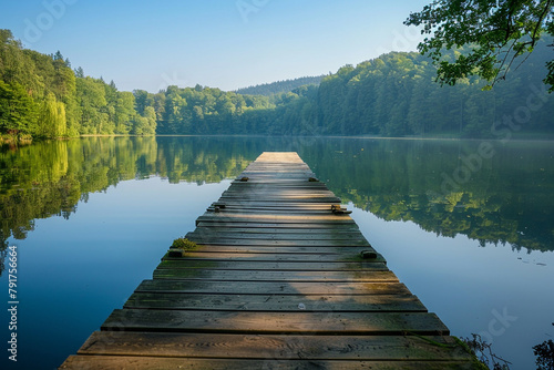 A wooden dock stretching out into a calm lake, perfect for fishing or lounging.