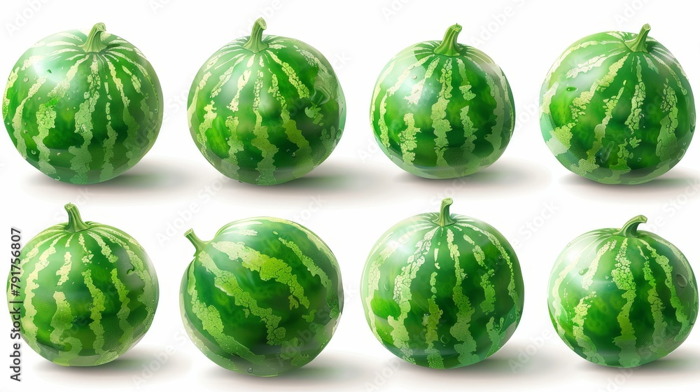 Set of whole, green, round watermelons, isolated on a transparent background with a PNG cutout or clipping path. Set of whole, green, round watermelons, isolated on a transparent background with a PNG cutout or clipping path.