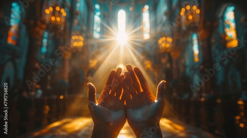 Woman's hand with cross. Concept of hope, faith, christianity, religion, church online. religion rendered ,and subtle reflections., Christian Religion concept inside church